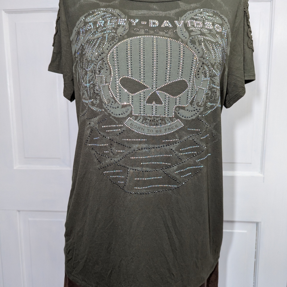 Harley Davidson Women's Green and Khaki T-shirt